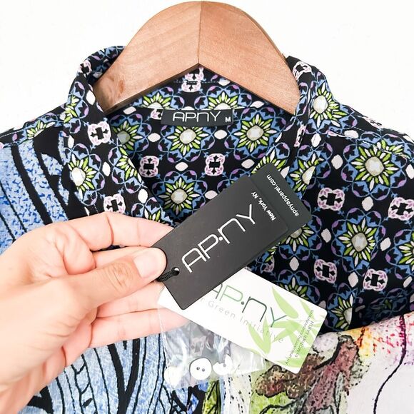 APNY Button Up Silky Blouse with Roll Up Sleeve Paisley Patchwork New Size Mediu - Picture 7 of 10